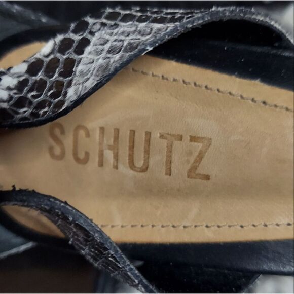 SCHUTZ Ankle Wrap Snakeskin Leather Block Heels - Picture 5 of 12